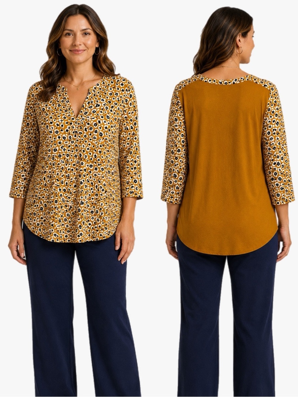 Van Heusen Women’s Plus Size XXL Mustard Floral 3/4 Sleeve Tunic Top
